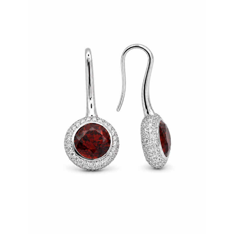 Boucles d’oreilles pendantes pierre rouge & diamants